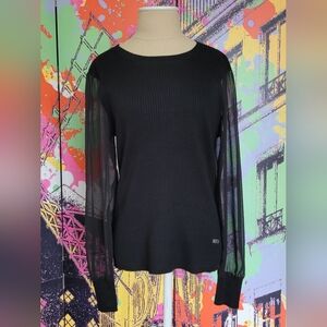 DKNY Knit Top With Black Sheer Sleeves. Size L